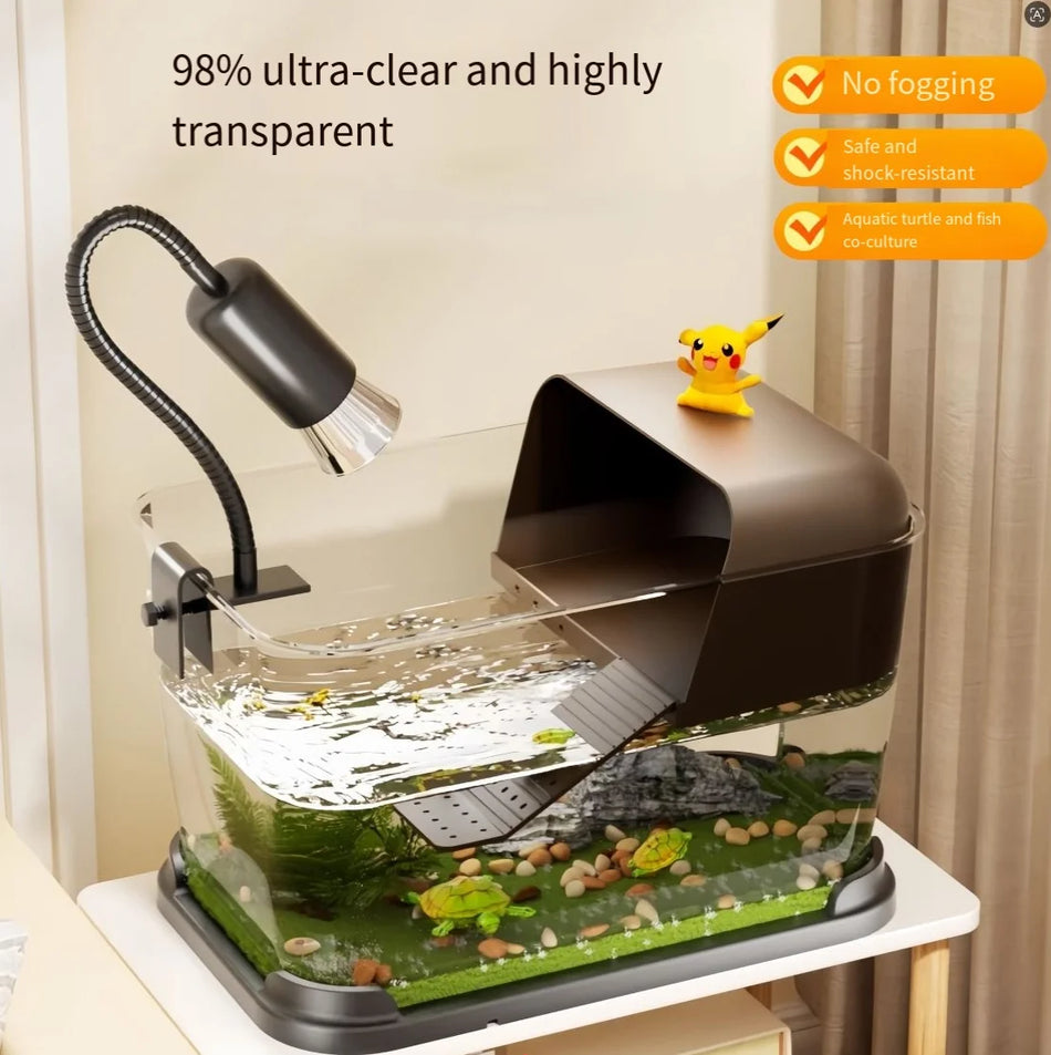 Turtle Tank Starter Kit,PC Turtle Tank Aquarium with Basking Platform,UVB Lamp,Filter,Plants - Habitat for Baby Turtles
