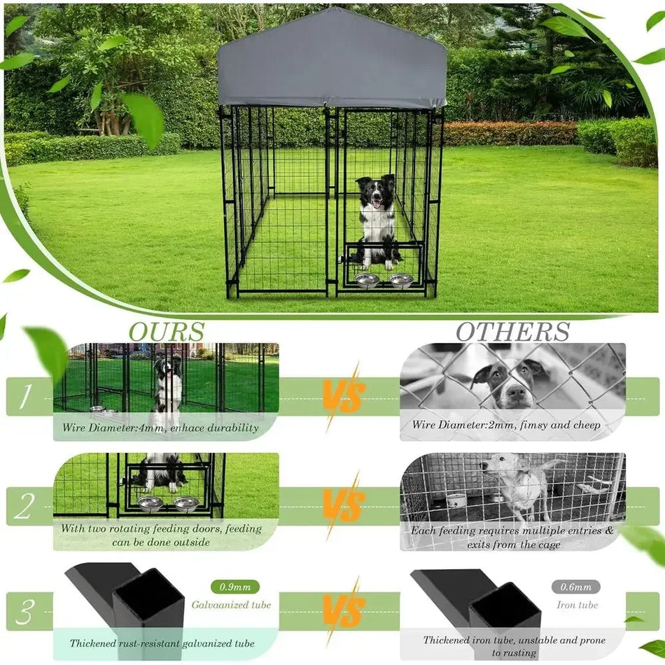 8x4x5.7ft Waterproof Heavy-Duty Steel Dog Kennel with Rotating Bowls & Secure Lock for Large Dogs Outdoor