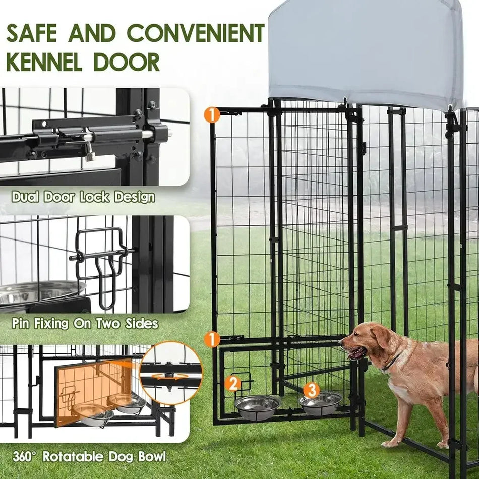 8x4x6ft Outdoor Dog Kennel for Large Dogs with UV-Resistant Waterproof Cover, Double Safety Locks, and Rotating Feeding Bowls