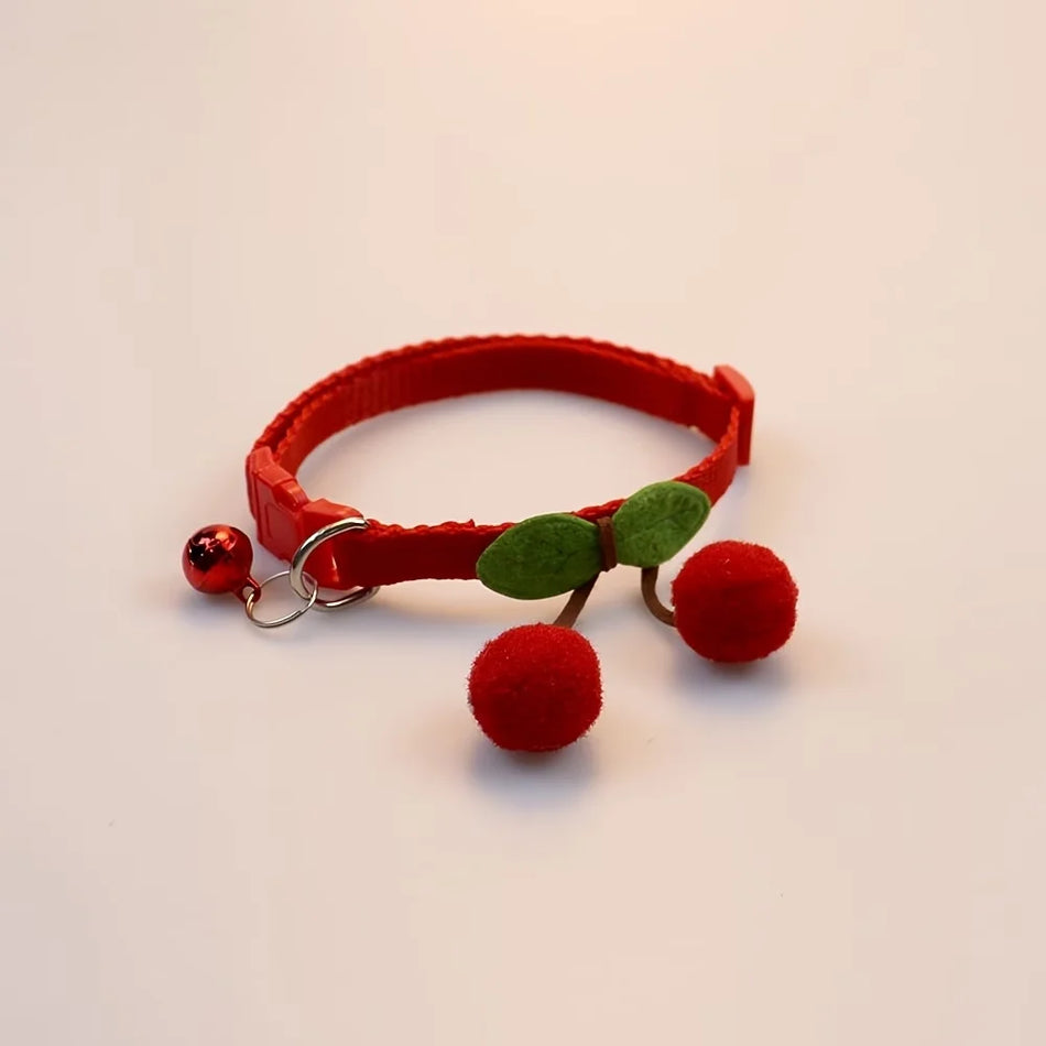 Cute Cherry Pet Collar with Bell, Adjustable Safety Buckle Cat Dog Collar, Decorative Pet Necklace for Small Pets