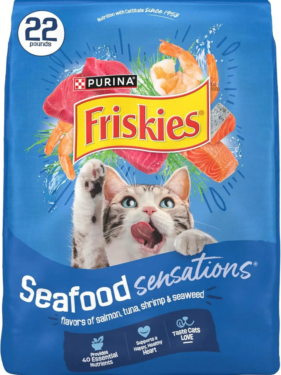 Friskies Dry Cat Food Seafood Sensations With Salmon, Tuna, And Shrimp Flavors - 22 Lb. Bag, New Year Pet Essentials, Fes