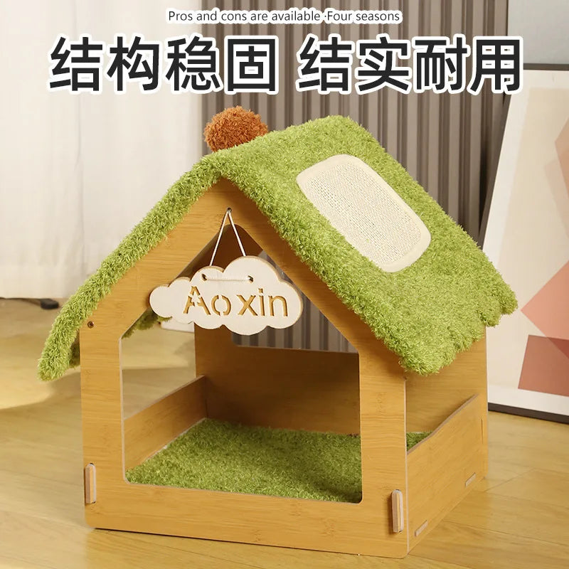 Indoor pet cat and dog kennel semi enclosed villa design suitable for all seasons, summer cool mat, cool sleeping bed