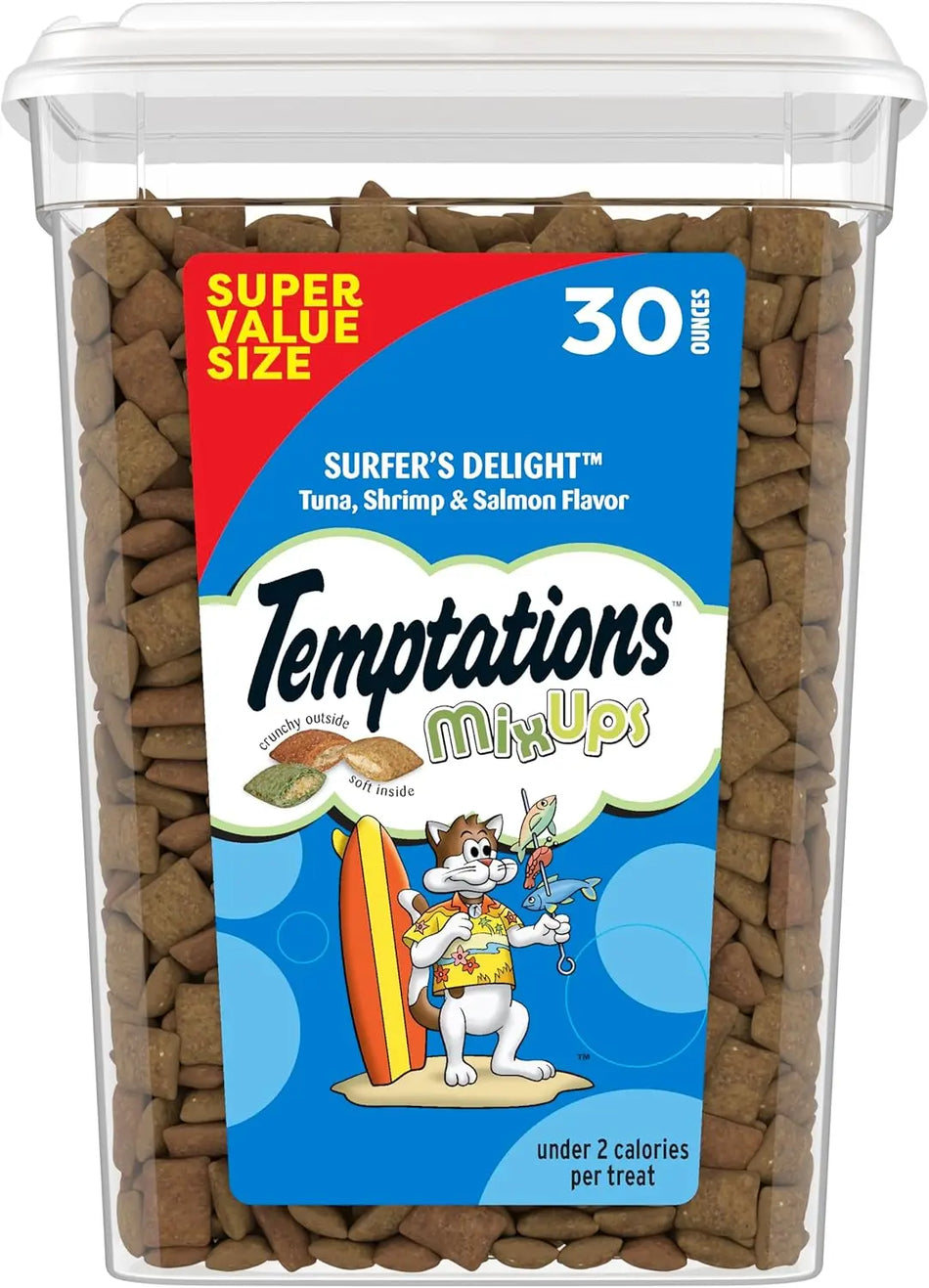 Temptations Cat Treats MixUps Surfer's Delight Tuna Shrimp Salmon Flavor Crunchy Soft Cat Treats 30 oz Tub