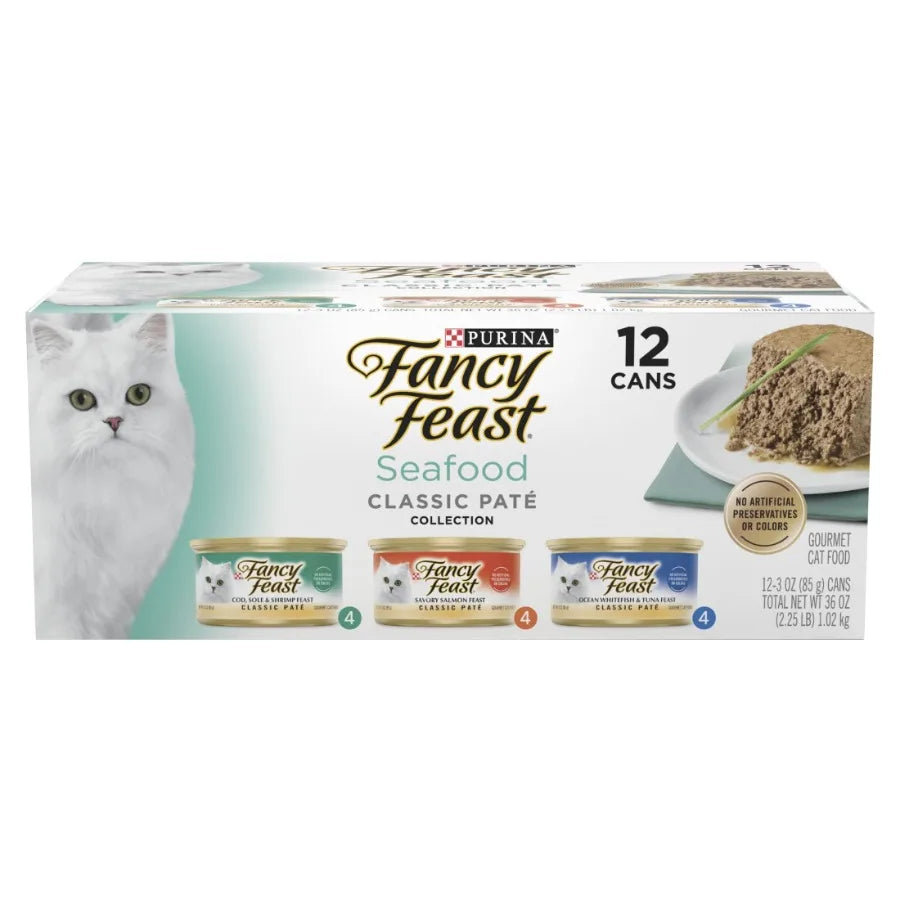 2 Pack Grain-Free Seafood Classic Pate Wet Cat Food Variety Pack for Indoor Cats, Assorted Ocean Flavors, Rich in Protein, 3 oz