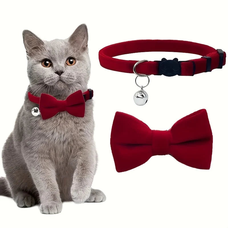 Polyester Soft Plush Adjustable Pet Collar with Detachable Bow Tie and Bell for Small To Medium Cats and Dogs