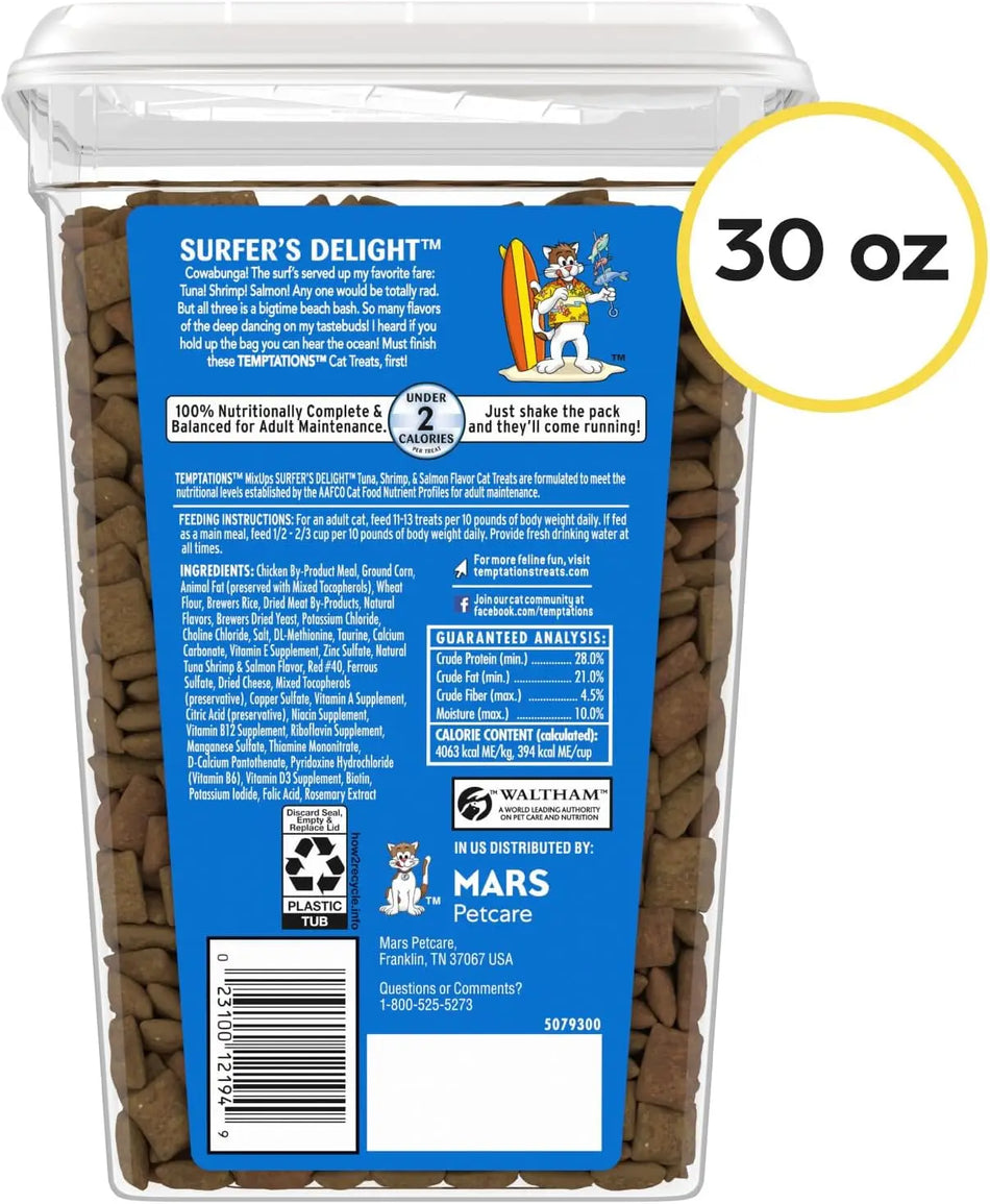 Temptations Cat Treats MixUps Surfer's Delight Tuna Shrimp Salmon Flavor Crunchy Soft Cat Treats 30 oz Tub