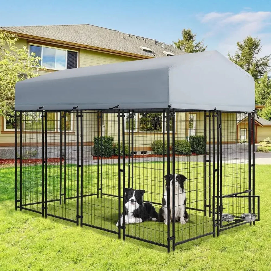 8x4x6ft Outdoor Dog Kennel for Large Dogs with UV-Resistant Waterproof Cover, Double Safety Locks, and Rotating Feeding Bowls