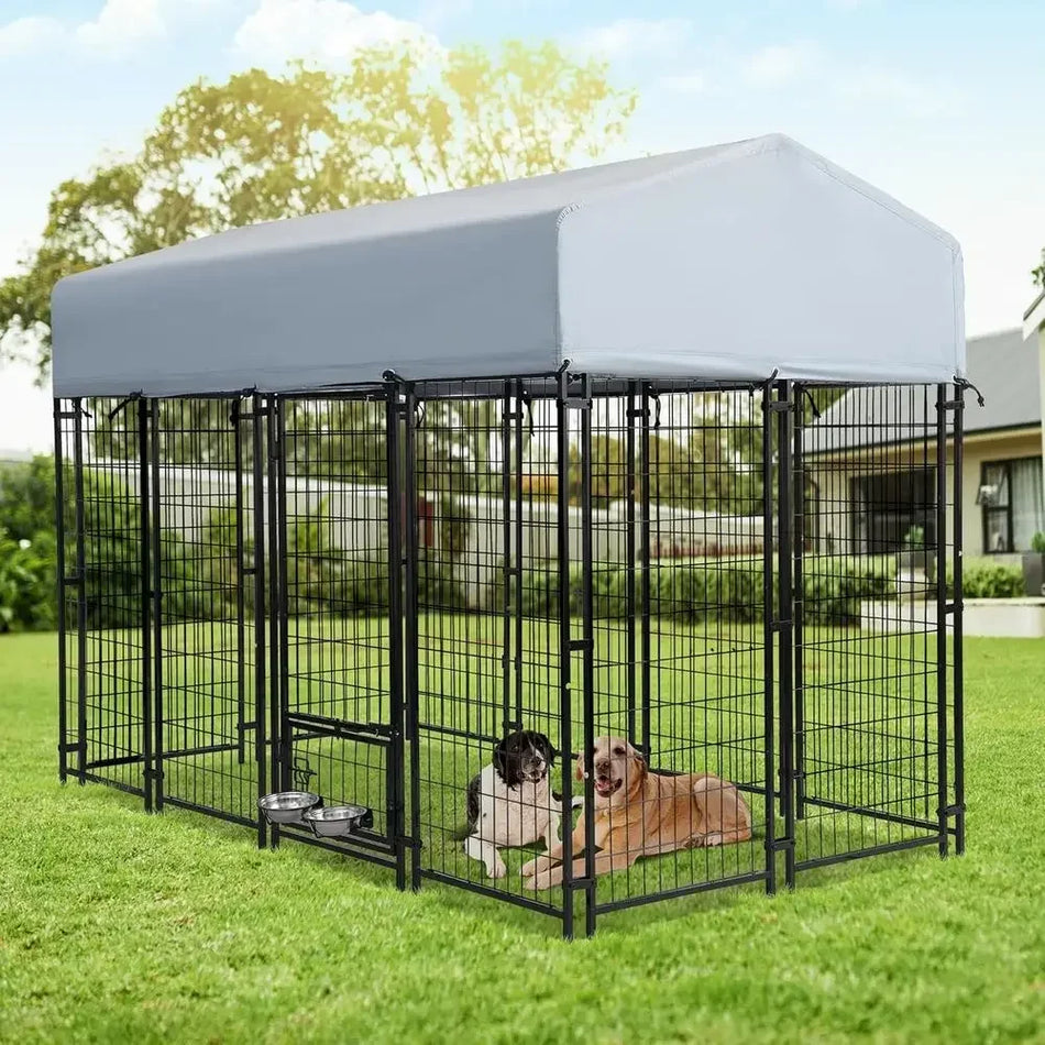8x4x5.7ft Waterproof Heavy-Duty Steel Dog Kennel with Rotating Bowls & Secure Lock for Large Dogs Outdoor