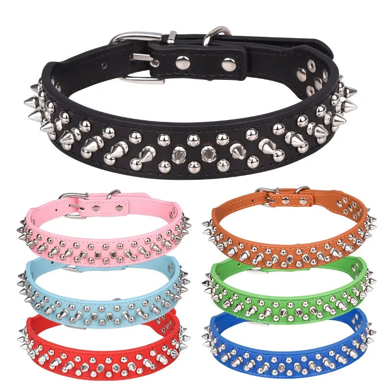 Pet Collars For Small Dog Cat Adjustable Leather Pet Dog collar Neck Strap Supplies PU Leather Punk Rivet Spiked Dog Collar