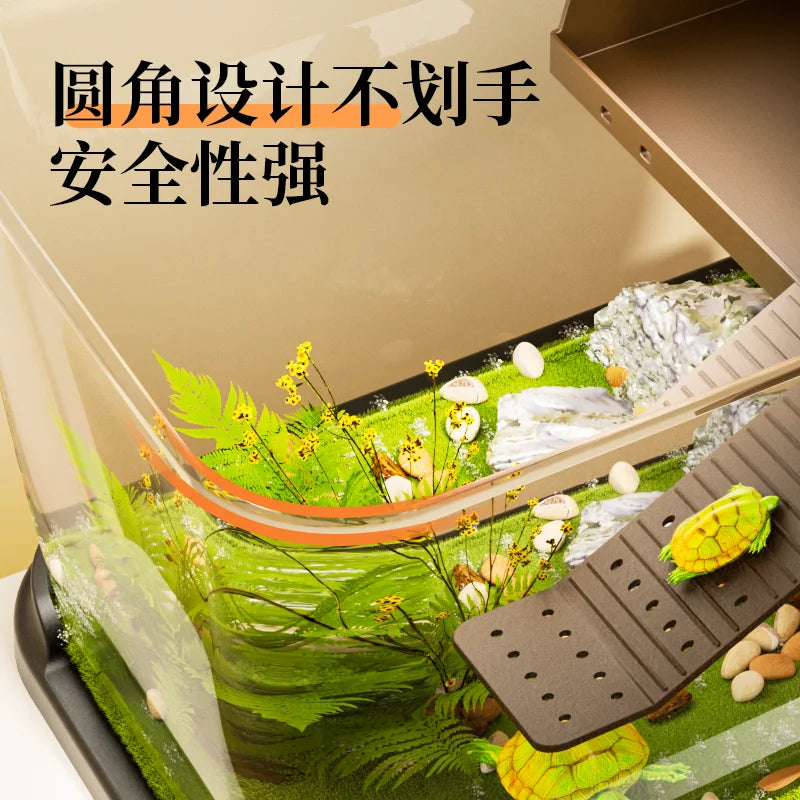 Turtle Tank Starter Kit,PC Turtle Tank Aquarium with Basking Platform,UVB Lamp,Filter,Plants - Habitat for Baby Turtles