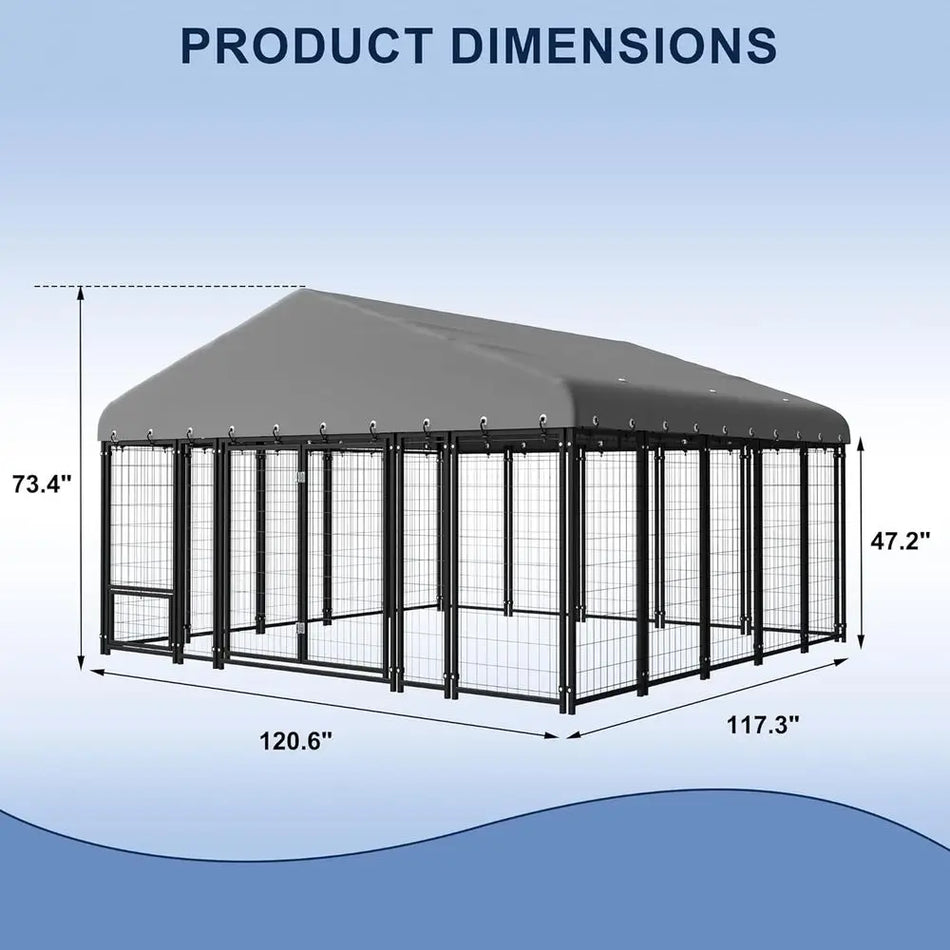 Large Outdoor Dog Kennel, 10x10ft Enclosure, Double Door, Heavy-Duty Galvanized Steel, Durable Cage with Roof & Double Lock