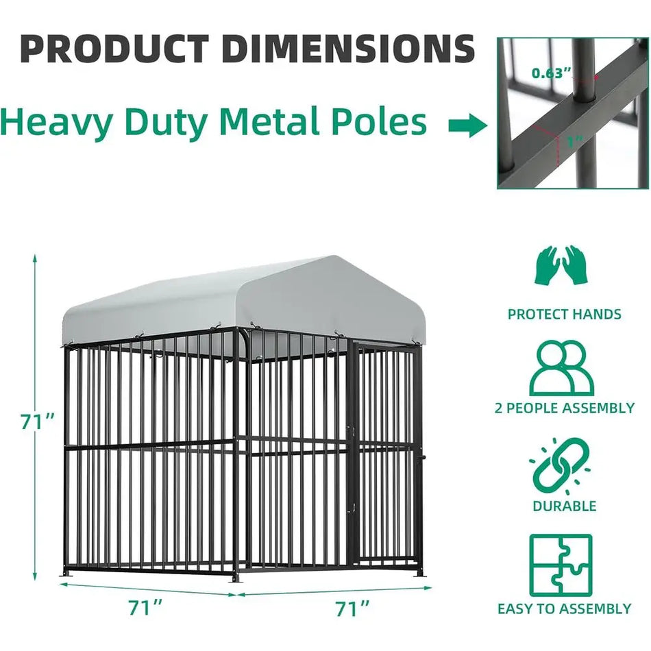 6ft Outdoor Heavy-Duty Metal Dog Kennel with Thick Bars, UV & Waterproof Cover, Suitable for Large and Small Dogs