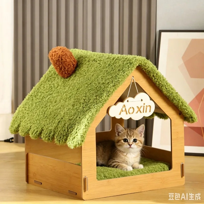 Indoor pet cat and dog kennel semi enclosed villa design suitable for all seasons, summer cool mat, cool sleeping bed