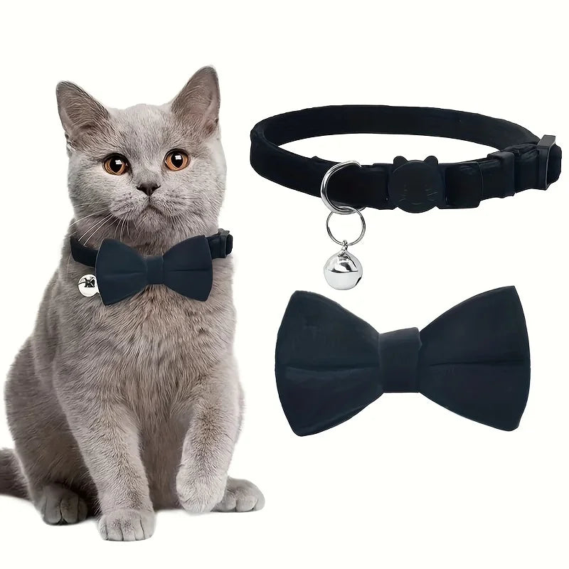 Polyester Soft Plush Adjustable Pet Collar with Detachable Bow Tie and Bell for Small To Medium Cats and Dogs
