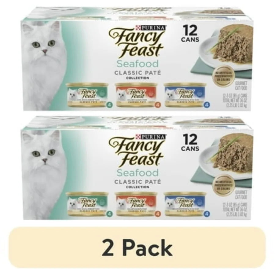 2 Pack Grain-Free Seafood Classic Pate Wet Cat Food Variety Pack for Indoor Cats, Assorted Ocean Flavors, Rich in Protein, 3 oz