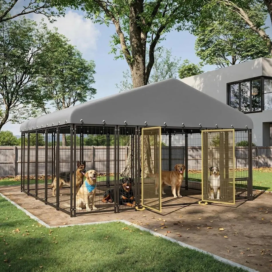 Large Outdoor Dog Kennel, 10x10ft Enclosure, Double Door, Heavy-Duty Galvanized Steel, Durable Cage with Roof & Double Lock