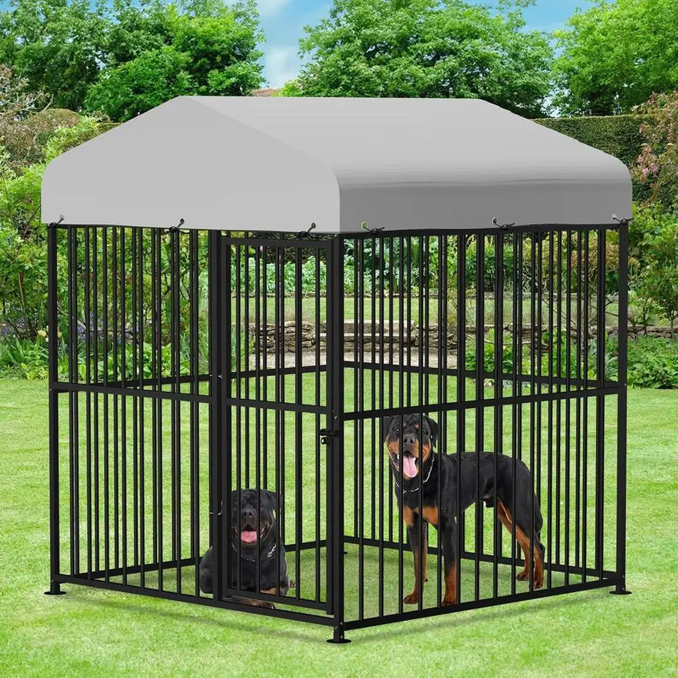 6ft Outdoor Heavy-Duty Metal Dog Kennel with Thick Bars, UV & Waterproof Cover, Suitable for Large and Small Dogs