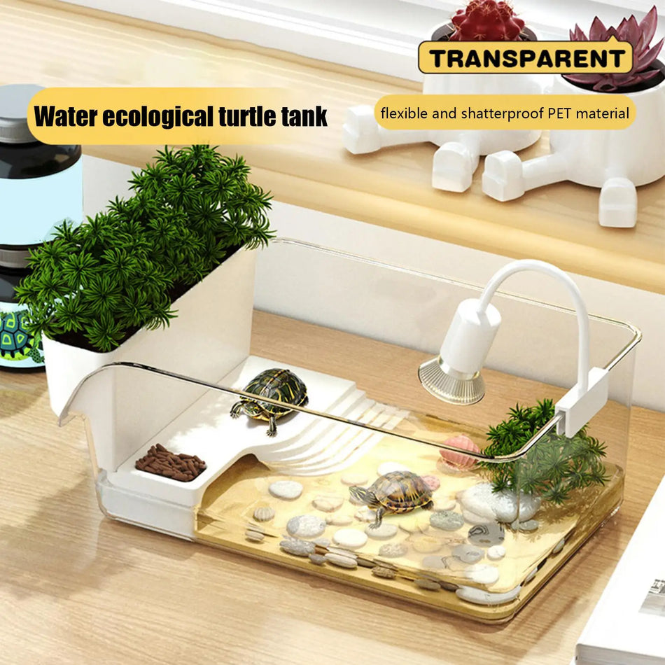 Turtle Tank with Basking Area, Transparent Reptile Terrarium Habitat for Pet Turtles, Hermit Crabs, Tortoise Adoption